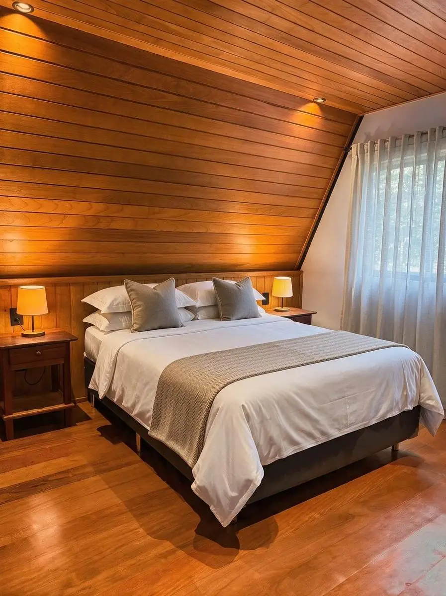 Suíte do térreo, com cama de casal e cortina de voil